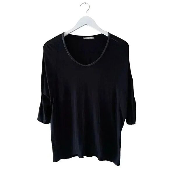 Zara W/B Collection Top 3/4 Sleeve Black Loose Fit Faux Leather Trim Sz S #1704 - Picture 1 of 14